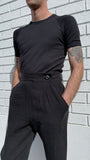 BLACK linen high-waisted tapered pants, tapered trousers, custom-made trousers, custom-made pants, men’s high-waisted trousers, men’s high-waisted pants, tailor-made, custom-tailored trousers, tailored fit and high-waisted men's pants. Handmade and designed in Australia, sustainable fair fashion. Made in Australia. High-quality antique wash linen