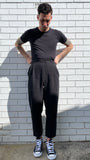 BLACK linen high-waisted tapered pants, tapered trousers, custom-made trousers, custom-made pants, men’s high-waisted trousers, men’s high-waisted pants, tailor-made, custom-tailored trousers, tailored fit and high-waisted men's pants. Handmade and designed in Australia, sustainable fair fashion. Made in Australia. High-quality antique wash linen