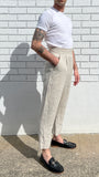 CREAM BEIGE linen high-waisted tapered pants, tapered trousers, custom-made trousers, custom-made pants, men’s high-waisted trousers, men’s high-waisted pants, tailor-made, custom-tailored trousers, tailored fit and high-waisted men's pants. Handmade and designed in Australia, sustainable fair fashion. Made in Australia. High-quality antique wash linen