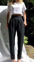 Slow fashion linen cigarette pants, ciggie pants, stovepipe trousers, tapered trousers, pencil pants,  tailored and high waisted women's pants. Handmade and designed in Australia, sustainable and fair. Designed and hand made in Australia.